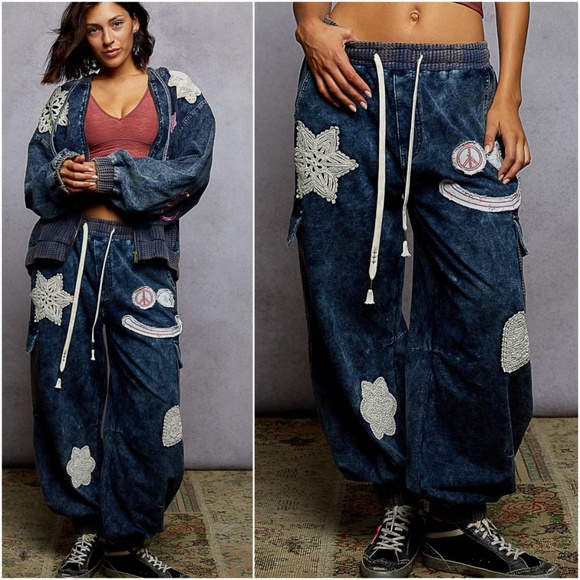 POL Pants - POL Mineral Wash Blue Peace Floral Lace Patch Joggers